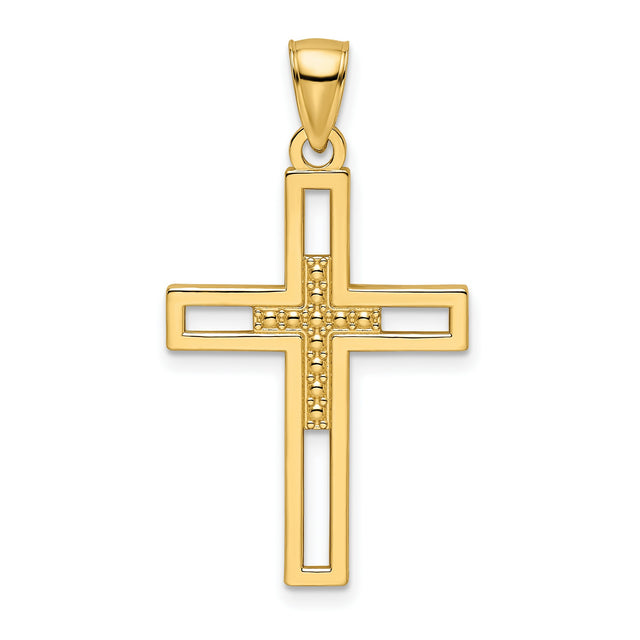 Beaded Polished Double Cross Charm Pendant in Real 14k Yellow Gold