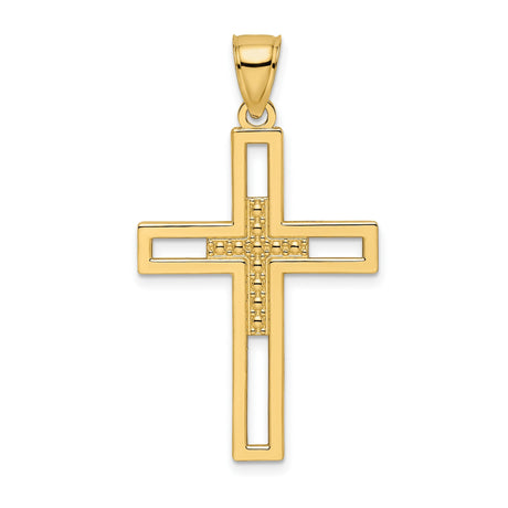 Beaded Polished Double Cross Charm Pendant in Real 14k Yellow Gold