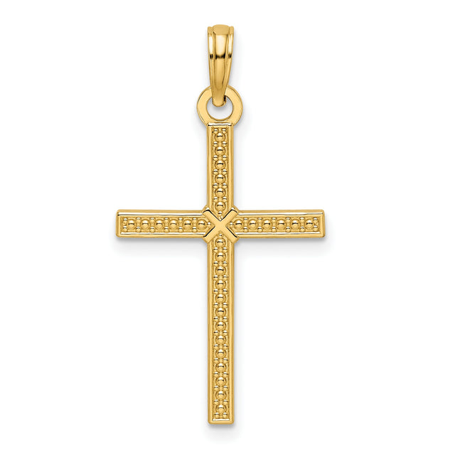 14k Yellow Gold Cross Pendant with Beaded Design, Polished Finish, Unisex Religious Jewelry