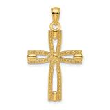 14k Yellow Gold Cross Pendant with Openwork and Beaded Design, Polished Christian Jewelry