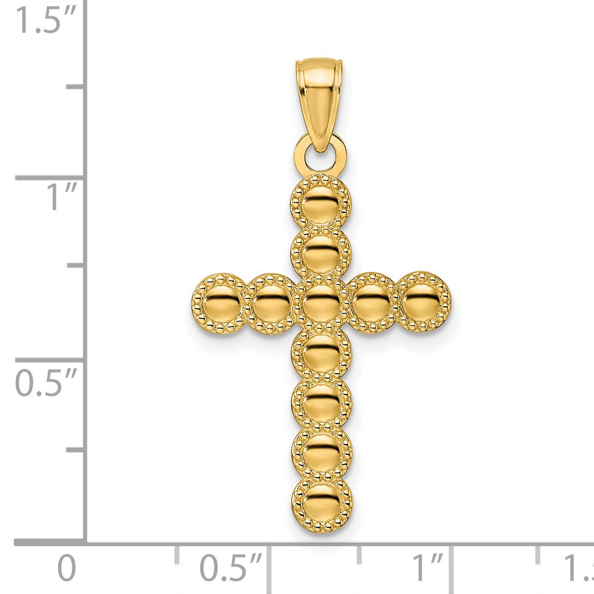 14k Yellow Gold Beaded Circles Cross Pendant, Mirror Finish Religious Charm for Men and Women