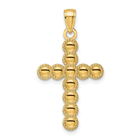 14k Yellow Gold Beaded Circles Cross Pendant, Mirror Finish Religious Charm for Men and Women