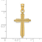 14k Yellow Gold Cross Pendant with Polished Texture and Beaded Detail