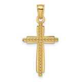 14k Yellow Gold Cross Pendant with Polished Texture and Beaded Detail