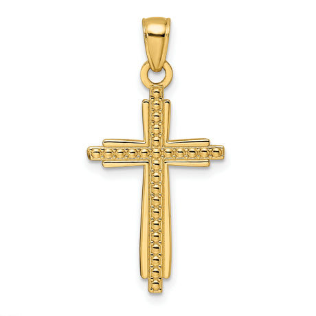 14k Yellow Gold Cross Pendant with Polished Texture and Beaded Detail