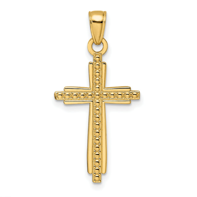 14k Yellow Gold Cross Pendant with Polished Texture and Beaded Detail