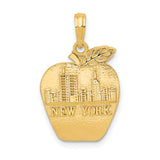 14k Yellow Gold Apple Pendant Charm with New York City Skyline, Big Apple Souvenir Jewelry