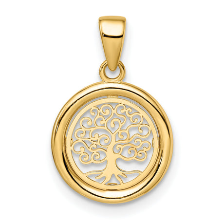 Polished Tree of Life Circle Charm Pendant in Real 14k Yellow Gold
