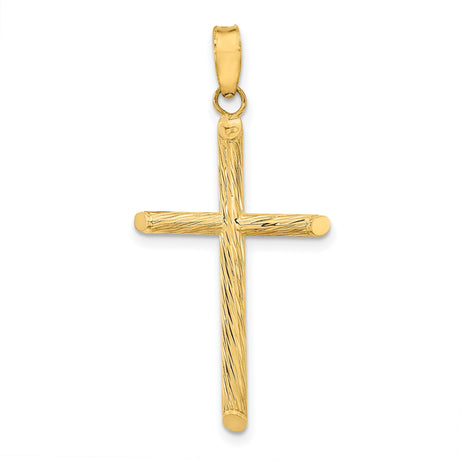 14k Yellow Gold Cross Pendant with Textured Satin Finish, Rounded Edges, Minimal Design