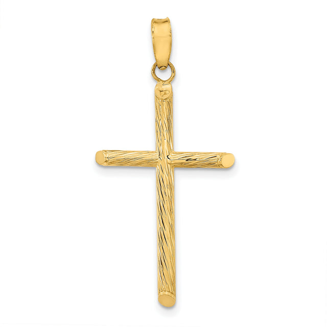 14k Yellow Gold Cross Pendant with Textured Satin Finish, Rounded Edges, Minimal Design