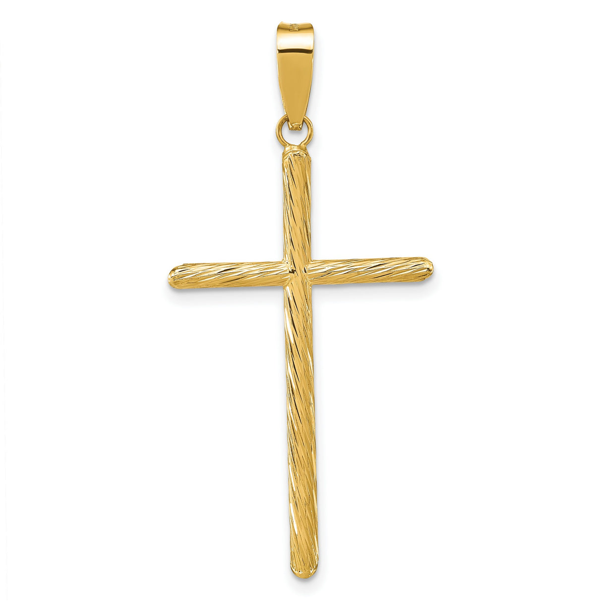 14k Yellow Gold Cross Pendant, Slender Textured Minimalist Design, Unisex Religious Jewelry