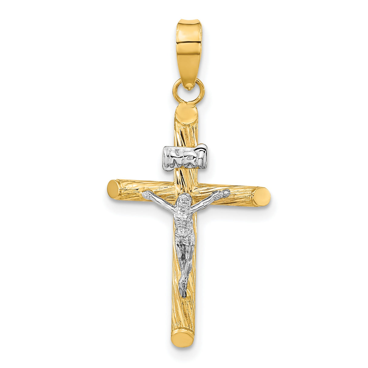 Polished Textured INRI Crucifix Cross Charm Pendant in Real 14k Multi-Tone Gold