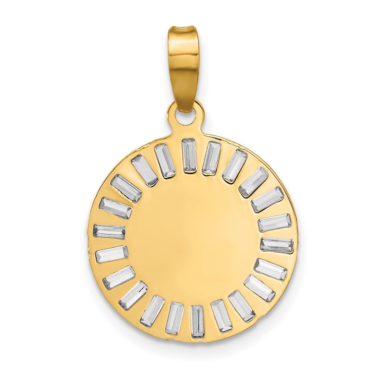 Polished CZ Baguettes Mary Round Charm Pendant in Real 14k Multi-Tone Gold