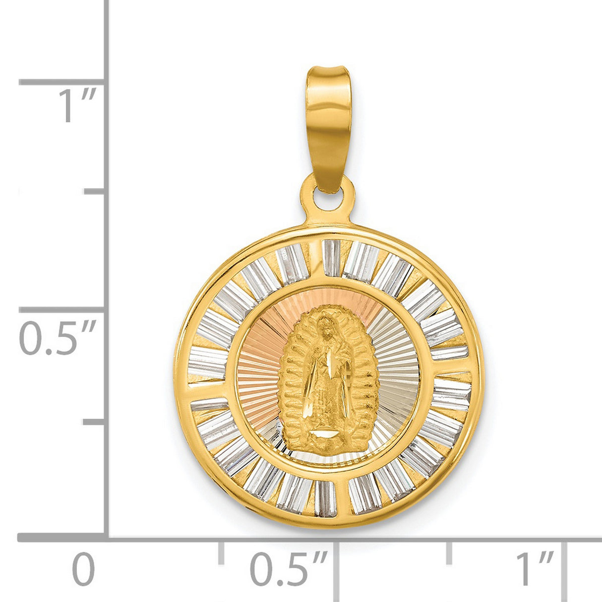 Polished CZ Baguettes Mary Round Charm Pendant in Real 14k Multi-Tone Gold
