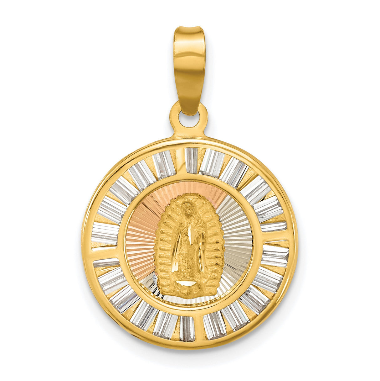 Polished CZ Baguettes Mary Round Charm Pendant in Real 14k Multi-Tone Gold
