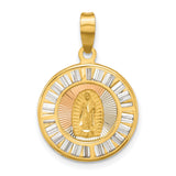 Polished CZ Baguettes Mary Round Charm Pendant in Real 14k Multi-Tone Gold