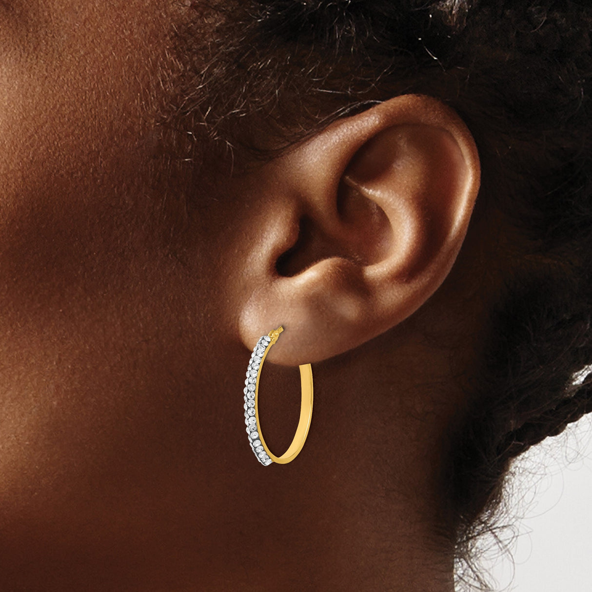 14k Yellow Gold Hoop Earrings with Round White Crystals, Lightweight Sparkling Design