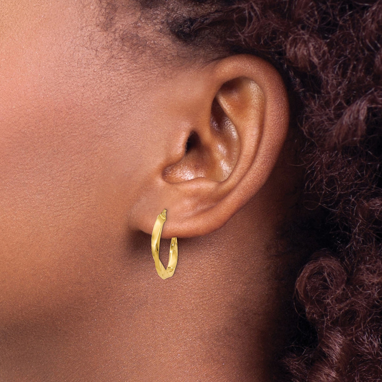 14k Yellow Gold Twisted Hoop Earrings, Polished Curved Design, Italian Made Lightweight Hoops