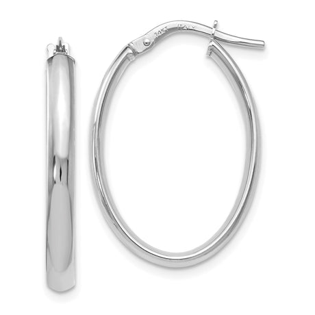 14k White Gold Oval Hoop Earrings, High Polish Lightweight Minimalist Design for Women