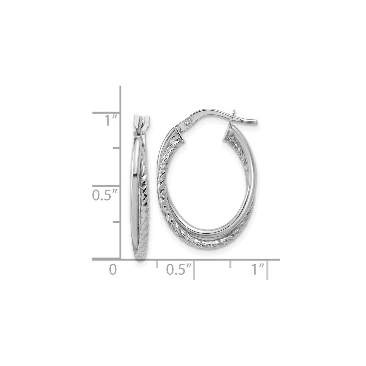 14k White Gold Hoop Earrings with Twisted Double Row Design, Polished Oval Style