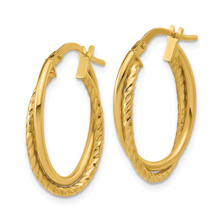 14k Yellow Gold Twisted Oval Hoop Earrings, Double Row Polished Finish, Lightweight Classic Style