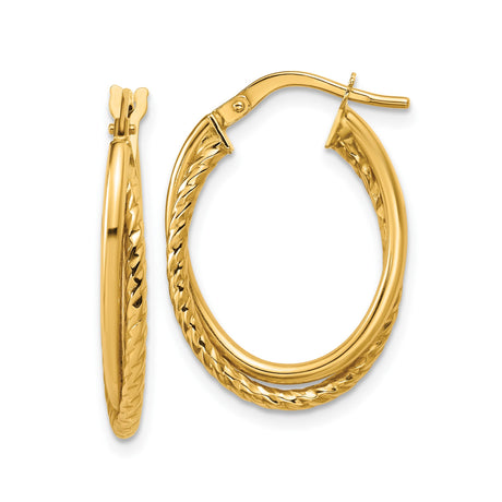 14k Yellow Gold Twisted Oval Hoop Earrings, Double Row Polished Finish, Lightweight Classic Style