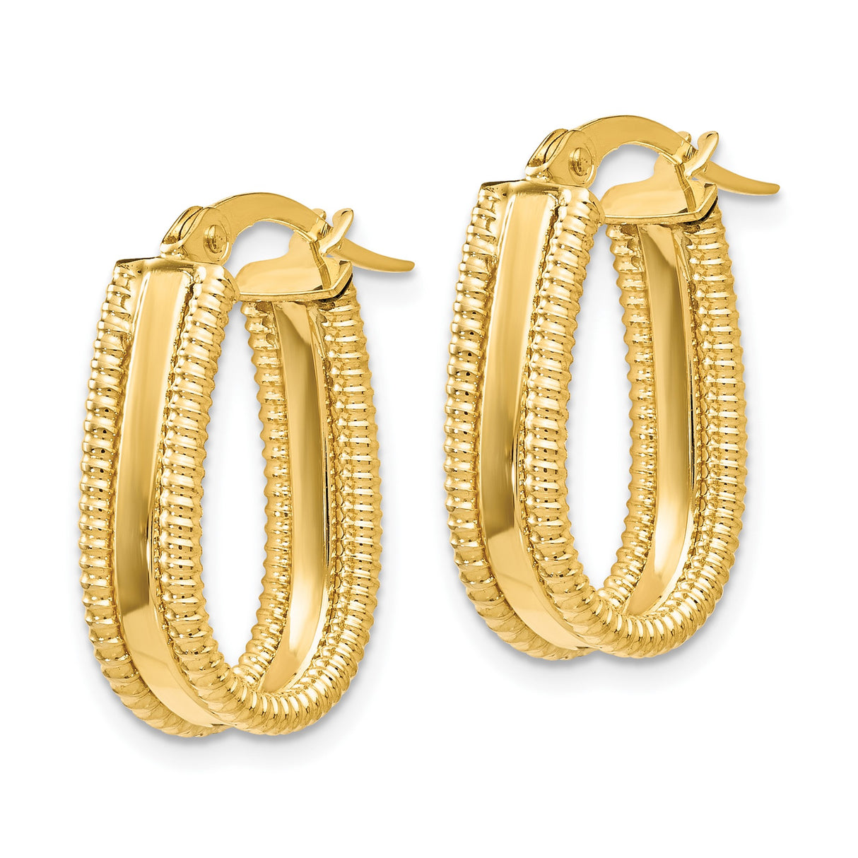 14k Yellow Gold Hoop Earrings, Textured Ribbed Oval Design with Polished Center Strip
