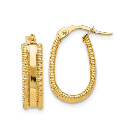 14k Yellow Gold Hoop Earrings, Textured Ribbed Oval Design with Polished Center Strip