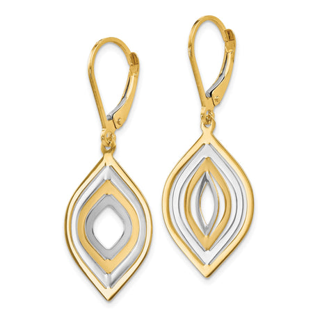 14k Yellow Gold Marquise Dangle Earrings with Rhodium Accents and Leverback Backs
