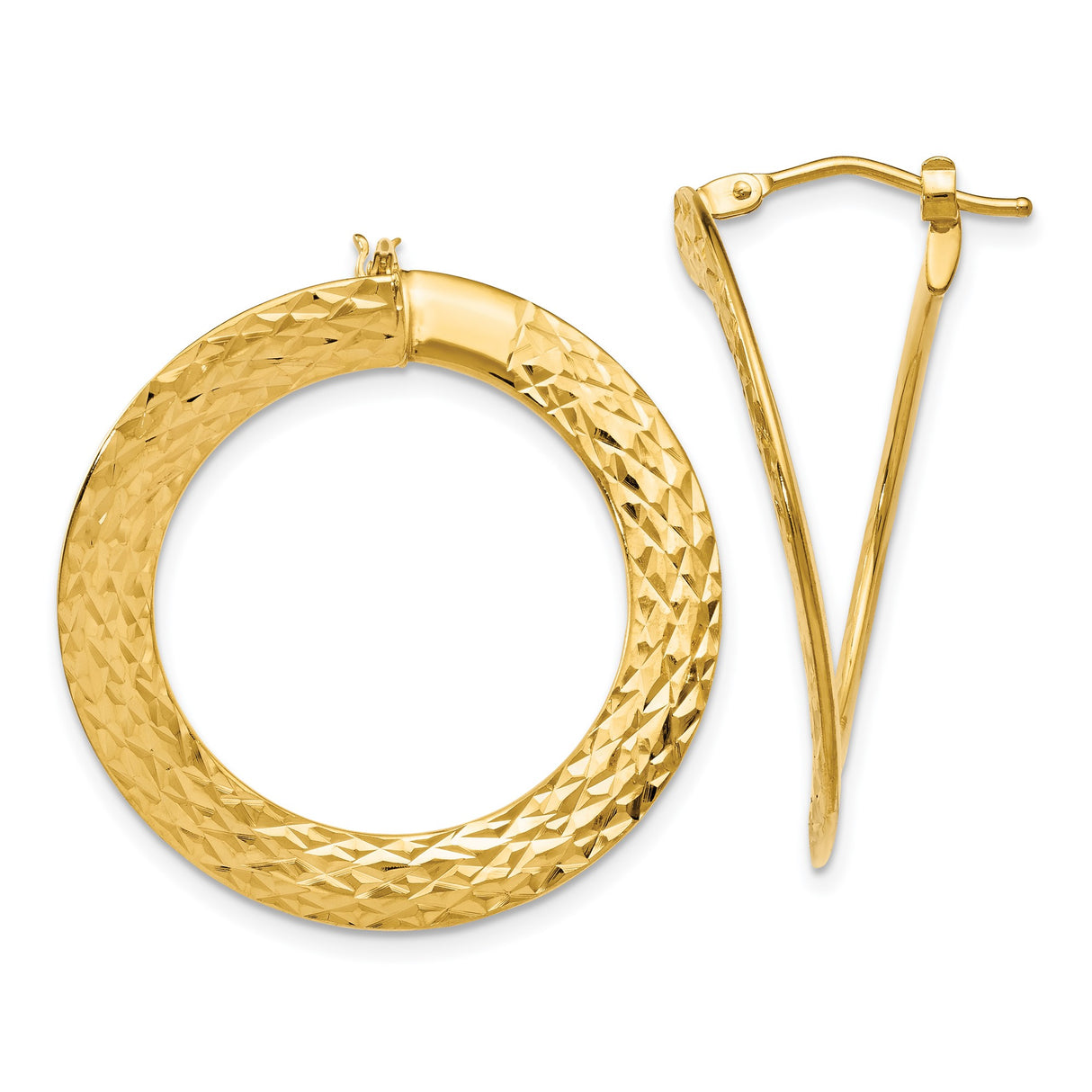 14k Yellow Gold Hoop Earrings, Diamond Cut Round Design with High Polish Finish, Lightweight for Women