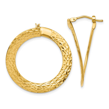 14k Yellow Gold Hoop Earrings, Diamond Cut Round Design with High Polish Finish, Lightweight for Women
