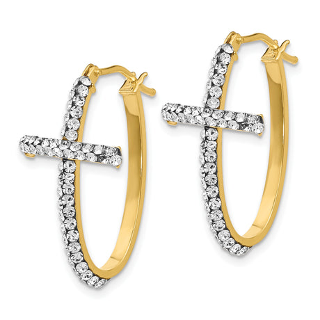 14k Yellow Gold Hoop Earrings with Crystal Cross Dangle, Religious Style for Women