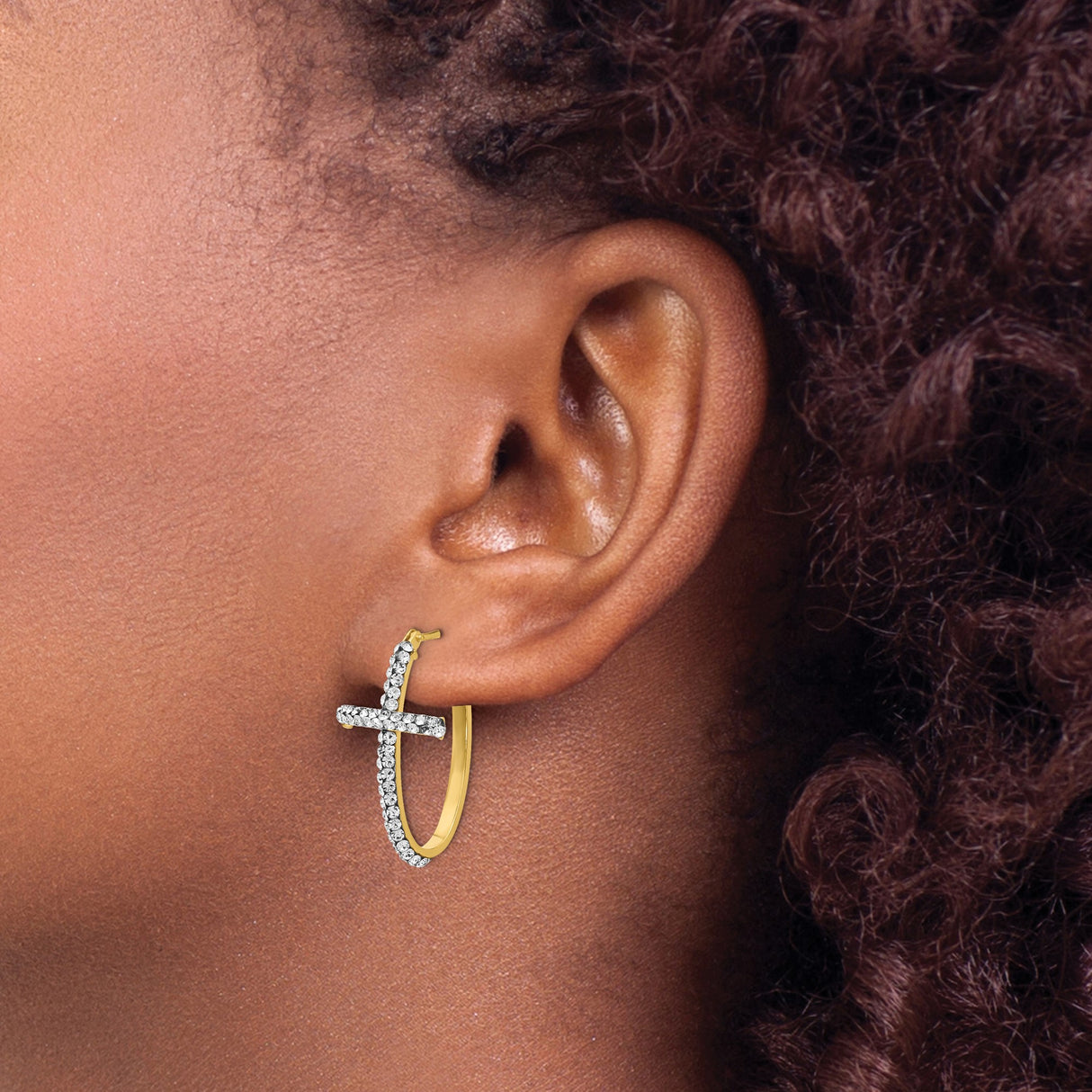 14k Yellow Gold Hoop Earrings with Crystal Cross Dangle, Religious Style for Women