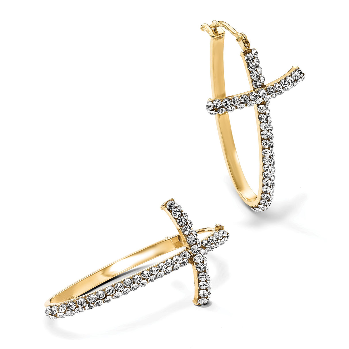 14k Yellow Gold Hoop Earrings with Crystal Cross Dangle, Religious Style for Women