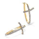 14k Yellow Gold Hoop Earrings with Crystal Cross Dangle, Religious Style for Women