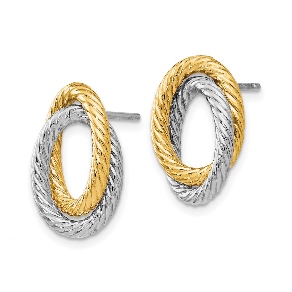 14k Yellow Gold Stud Earrings with Two Tone Twisted Rope Circle and Interlocking Loop Design