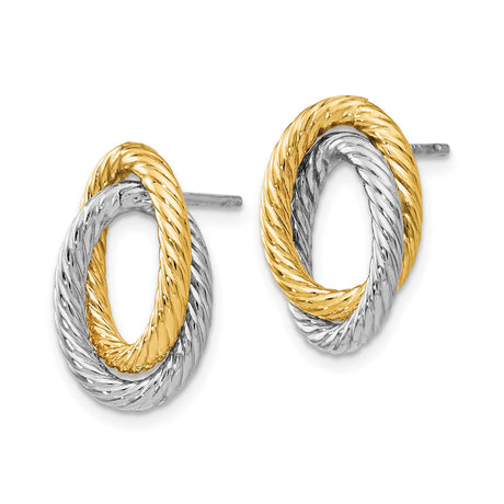 14k Yellow Gold Stud Earrings with Two Tone Twisted Rope Circle and Interlocking Loop Design