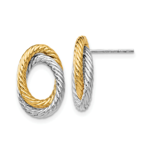 14k Yellow Gold Stud Earrings with Two Tone Twisted Rope Circle and Interlocking Loop Design