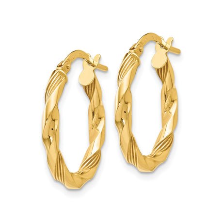 14k Yellow Gold Twisted Hoop Earrings with Polished and Textured Finish, Lightweight Round Hoops