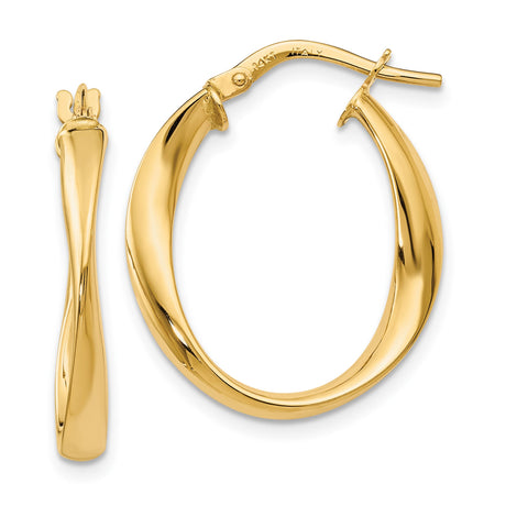 14k Yellow Gold Twisted Oval Hoop Earrings, Polished Finish, Latch Back, Lightweight Italian Style