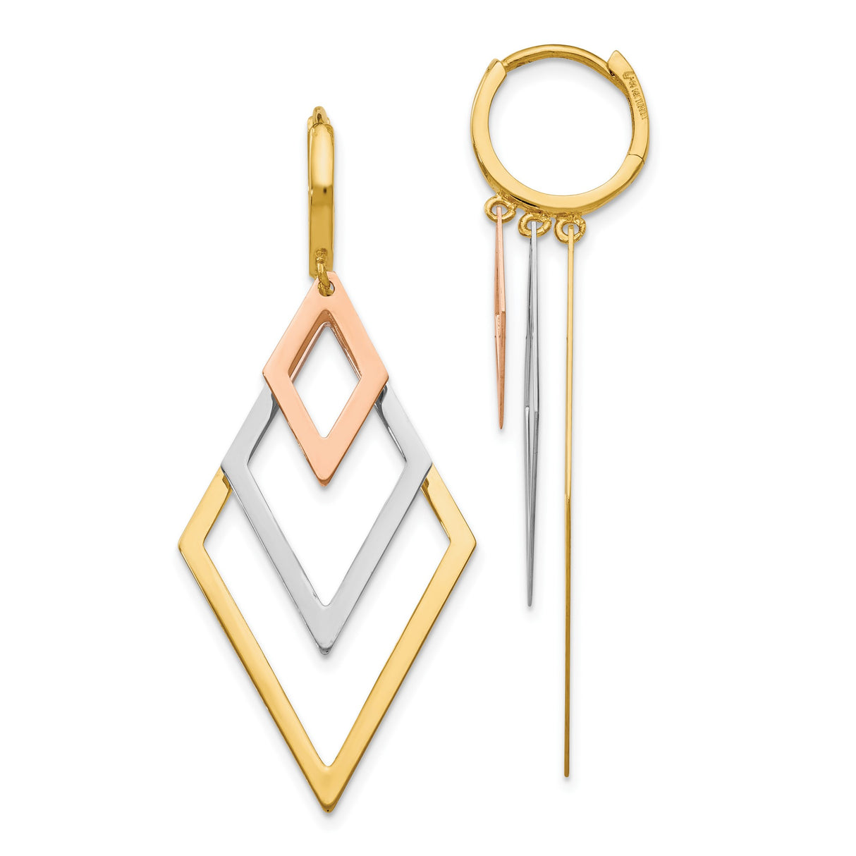 14k Tri-Color Gold Dangle Earrings, Asymmetrical Geometric Drop Design, Contemporary Statement Jewelry