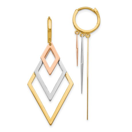 14k Tri-Color Gold Dangle Earrings, Asymmetrical Geometric Drop Design, Contemporary Statement Jewelry