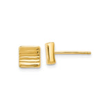 14k Yellow Gold Square Stud Earrings with Wavy Texture, Minimalist Modern Design