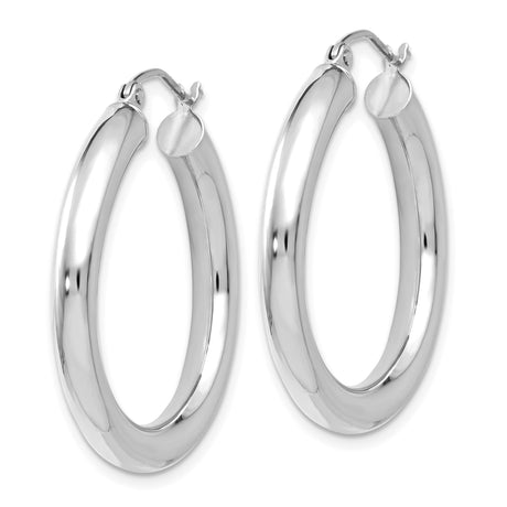 14k White Gold Hoop Earrings, Polished Finish, Classic Round with Hinged Snap Closure