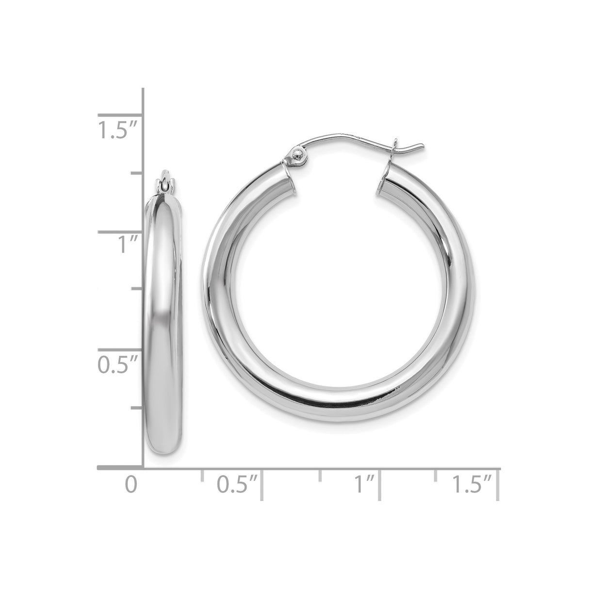14k White Gold Hoop Earrings, Polished Finish, Classic Round with Hinged Snap Closure