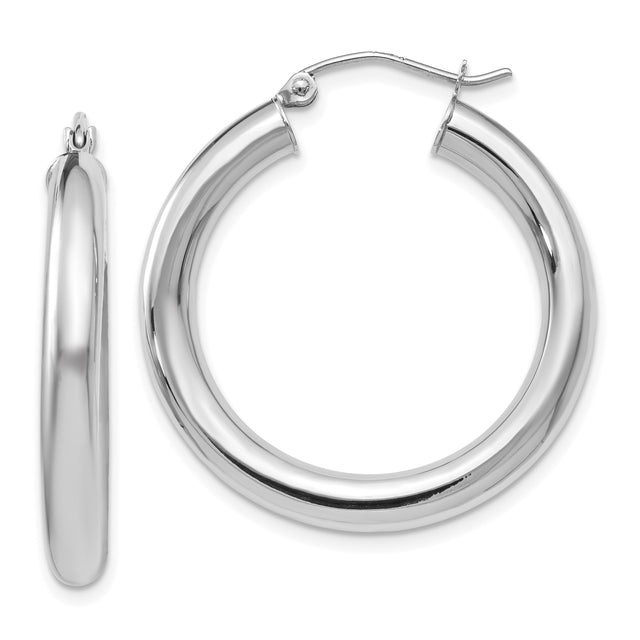 14k White Gold Hoop Earrings, Polished Finish, Classic Round with Hinged Snap Closure