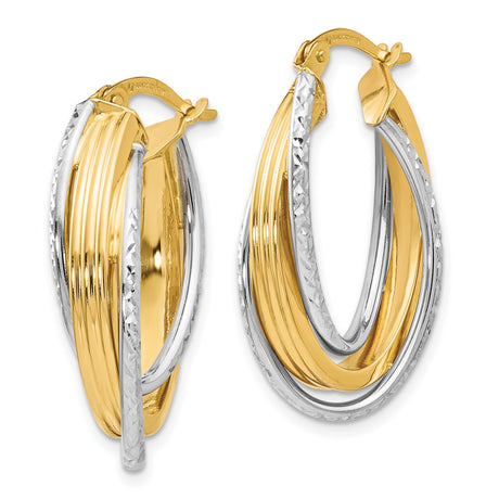 14k Two-Tone Gold Oval Hoop Earrings with Interlaced Yellow and Diamond-Cut White Strands