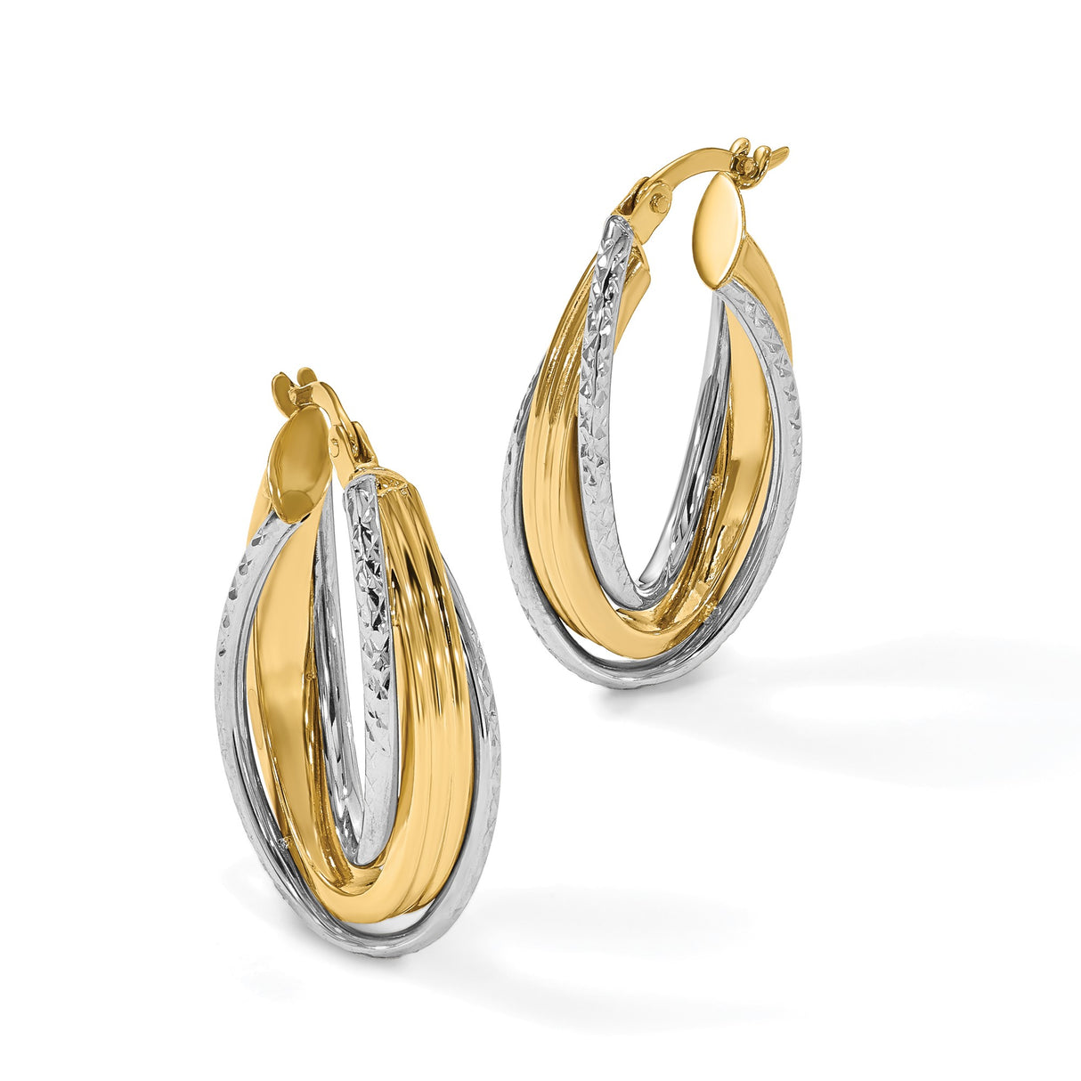 14k Two-Tone Gold Oval Hoop Earrings with Interlaced Yellow and Diamond-Cut White Strands