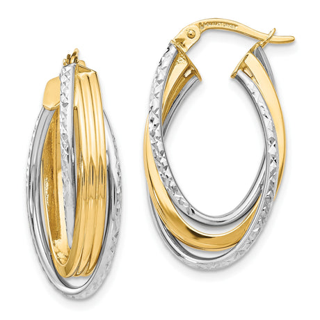 14k Two-Tone Gold Oval Hoop Earrings with Interlaced Yellow and Diamond-Cut White Strands