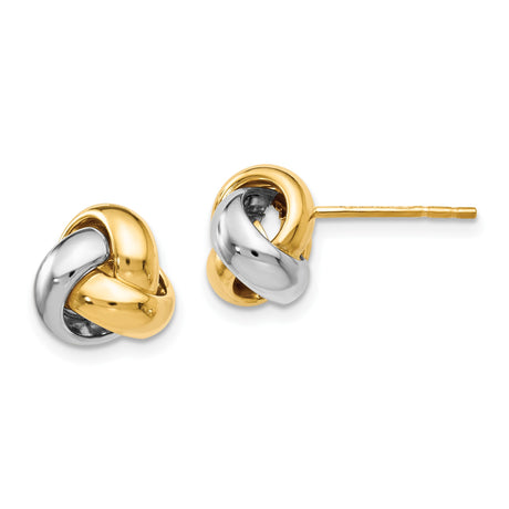 14k Two Tone Gold Love Knot Stud Earrings, Intertwined Yellow and White Gold Design